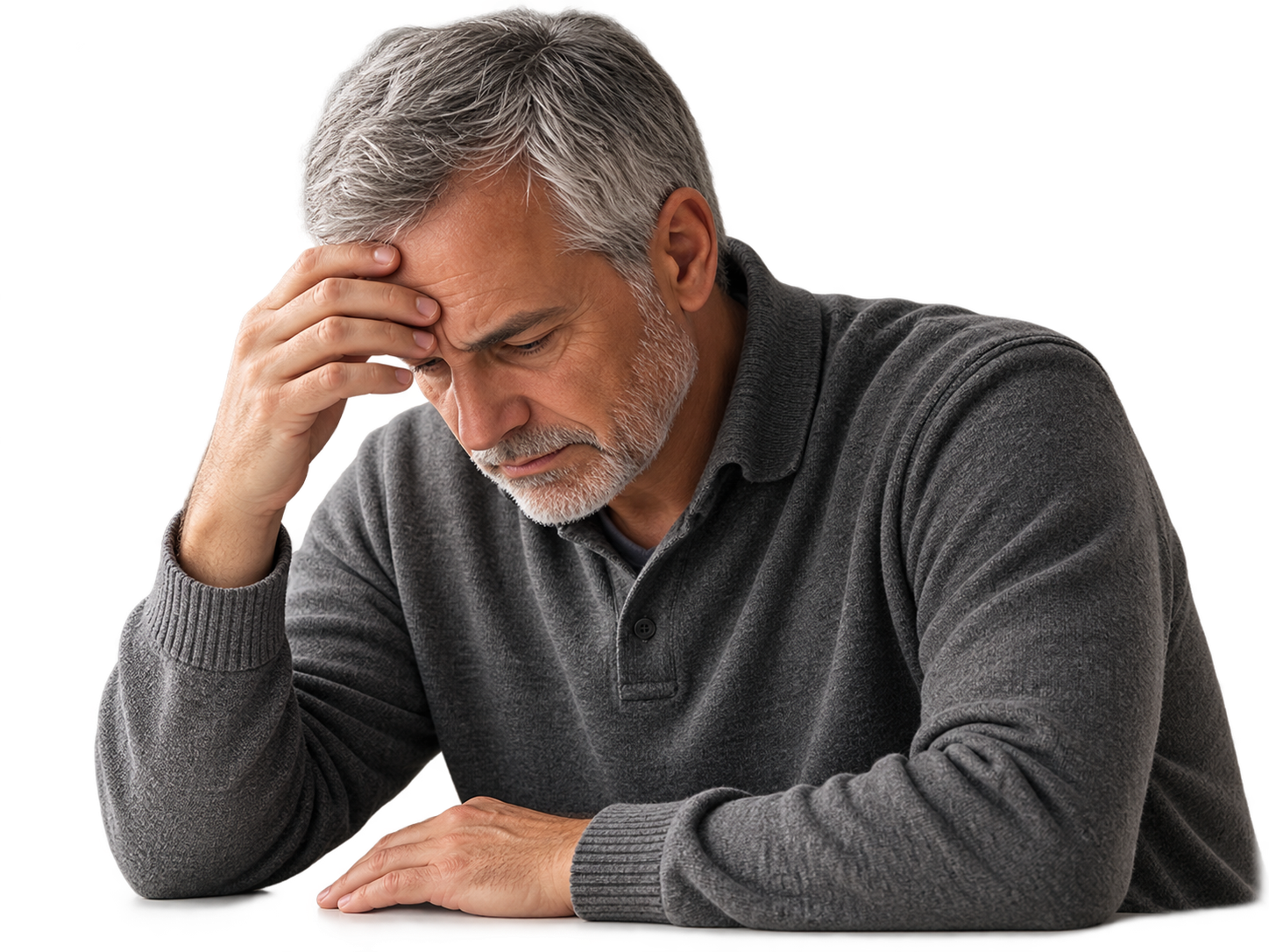 Concerned mature man seated at a table, representing frustration after a life insurance decline or serious health diagnosis