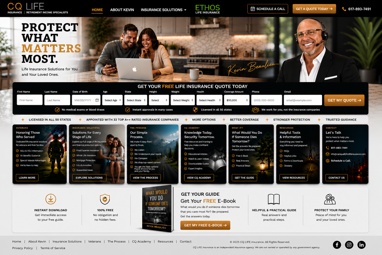 CQ LIFE homepage with life insurance quote form, educational resources, carrier logos and Kevin Beaulieu