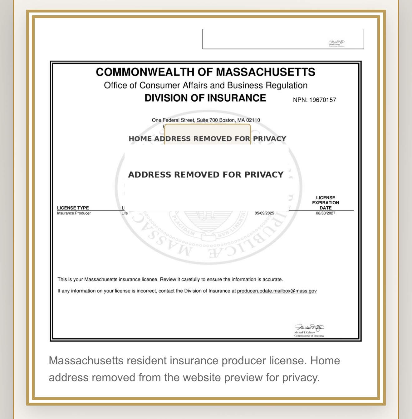 Kevin Beaulieu Massachusetts insurance producer license, address removed