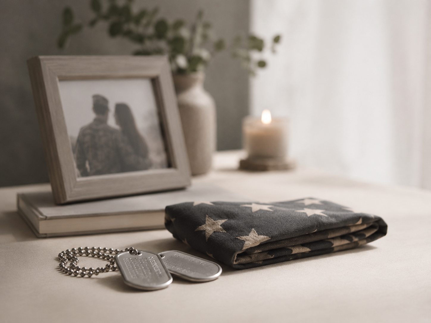 Veteran and family support resources with dog tags and a folded flag